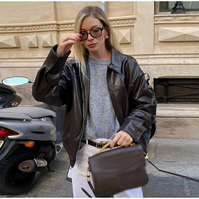 Fashionable And Chic Faux Leather Bomber Jacket Coats