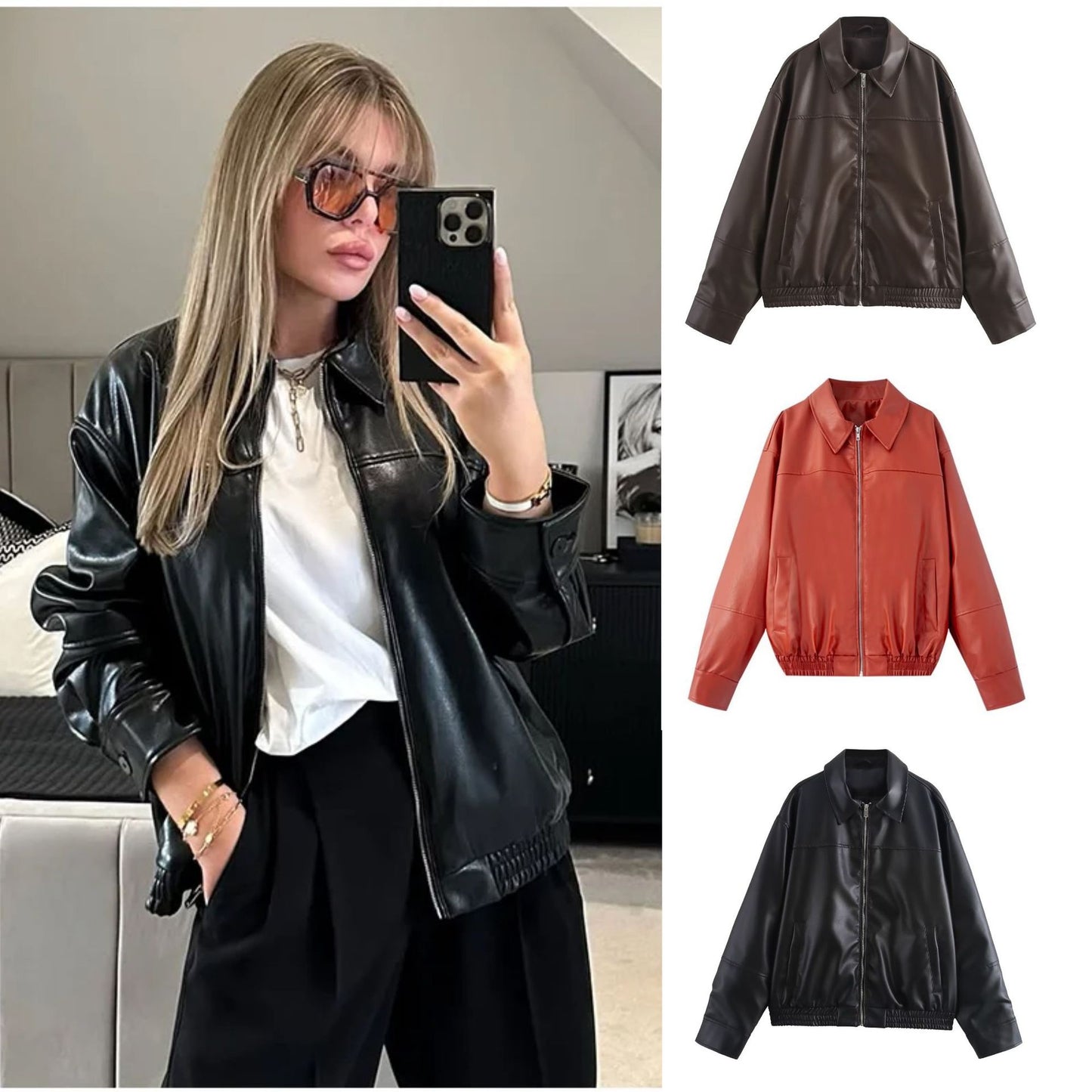Fashionable And Chic Faux Leather Bomber Jacket Coats